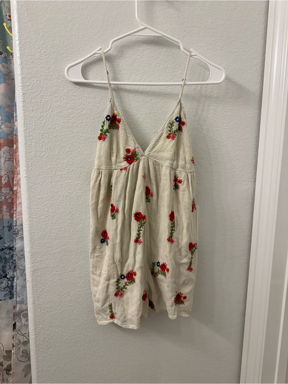 Urban Outfitters Cream Romper with Floral Embroidery Small P